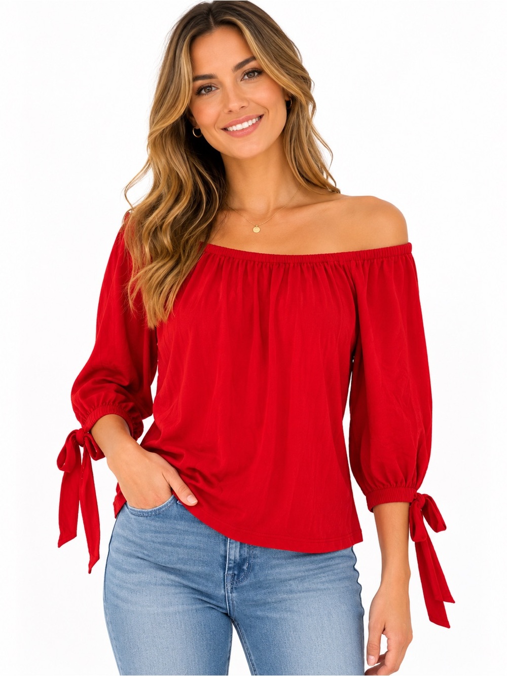 NWT Michael Kors Off-Shoulder Red Tie-Sleeve Blouse